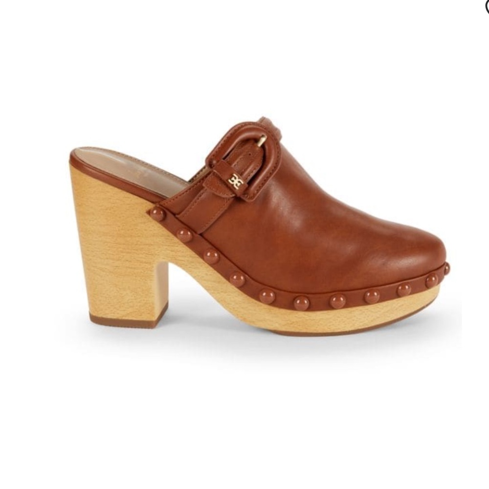 SAM EDELMAN Nyla Block Heel Platform Clogs 102MM Mules Chestnut Wooden Clogs 8.5